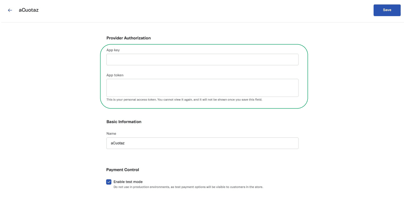 VTEX aCuotaz provider blank tokens