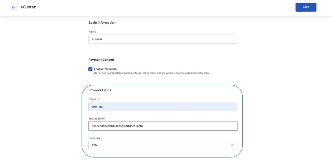 VTEX aCuotaz provider fieds